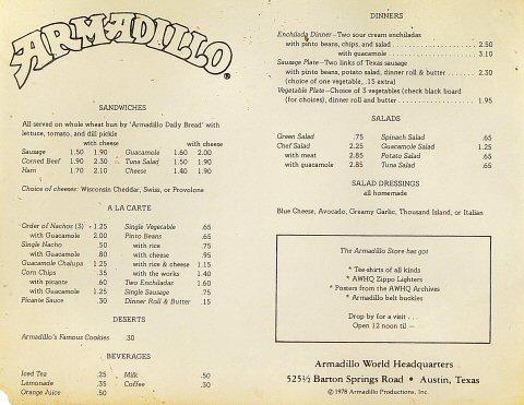 Armadillo Menu Handbill