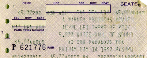 A Warner Brothers Movie AC/DC Let There Be Rock Vintage Ticket