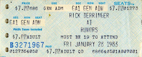 Rick Derringer Vintage Ticket