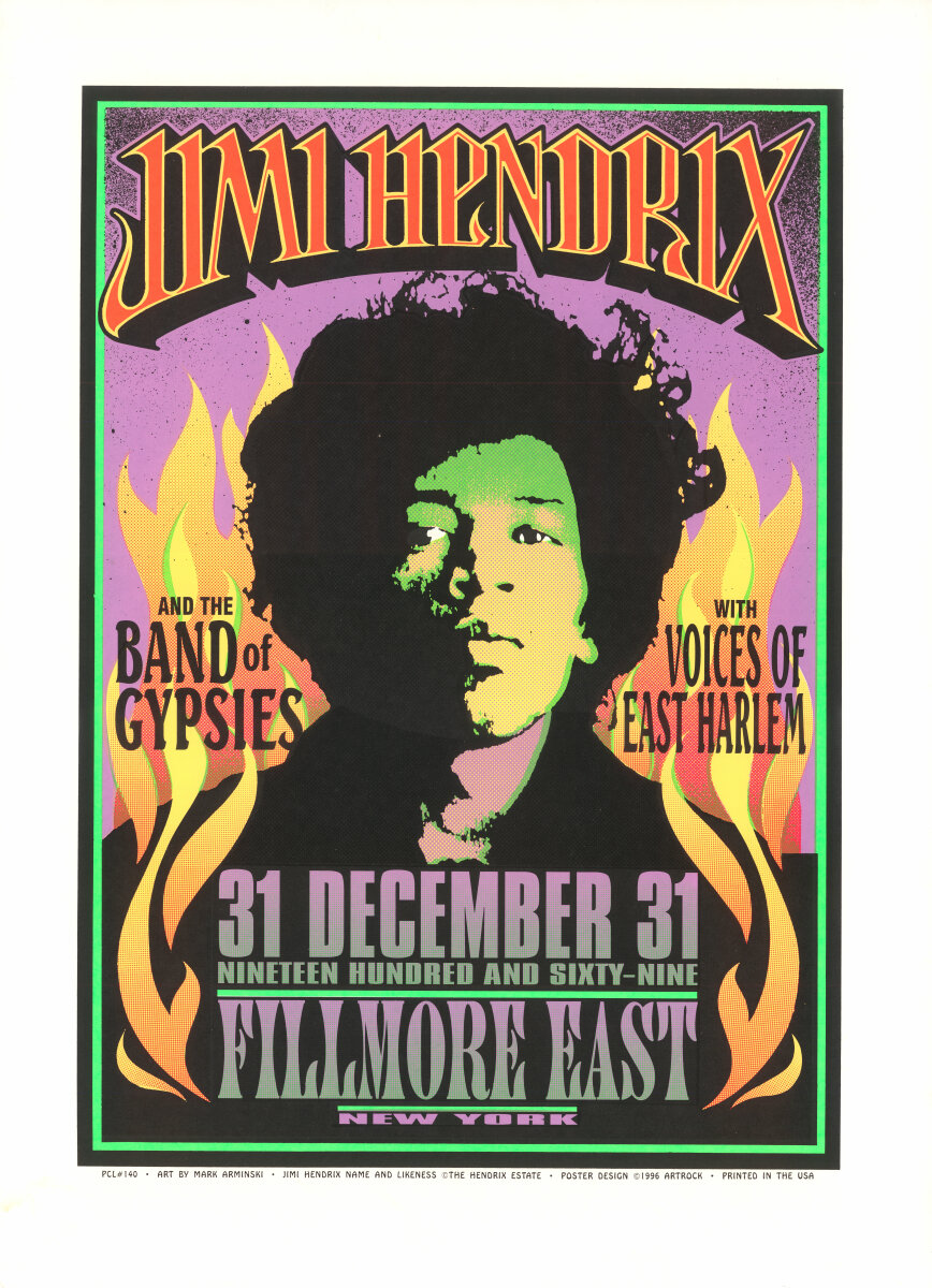 Jimi Hendrix Vintage Concert Silkscreen from Fillmore East, Dec 31