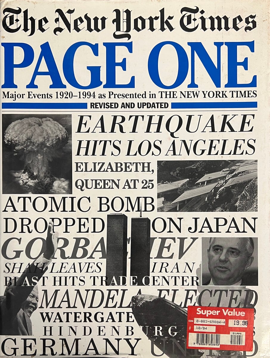 First Issue Nyt The New York Times PAGE ONE Book, 1994 at Wolfgang's
